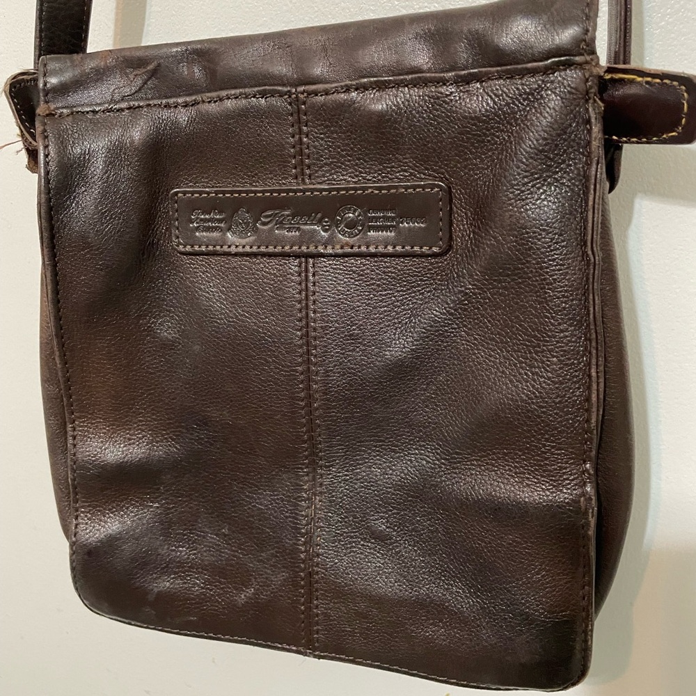 Vintage Fossil 1954 Brown soft Leather Crossbody Hobo bag Gold key Logo Charm